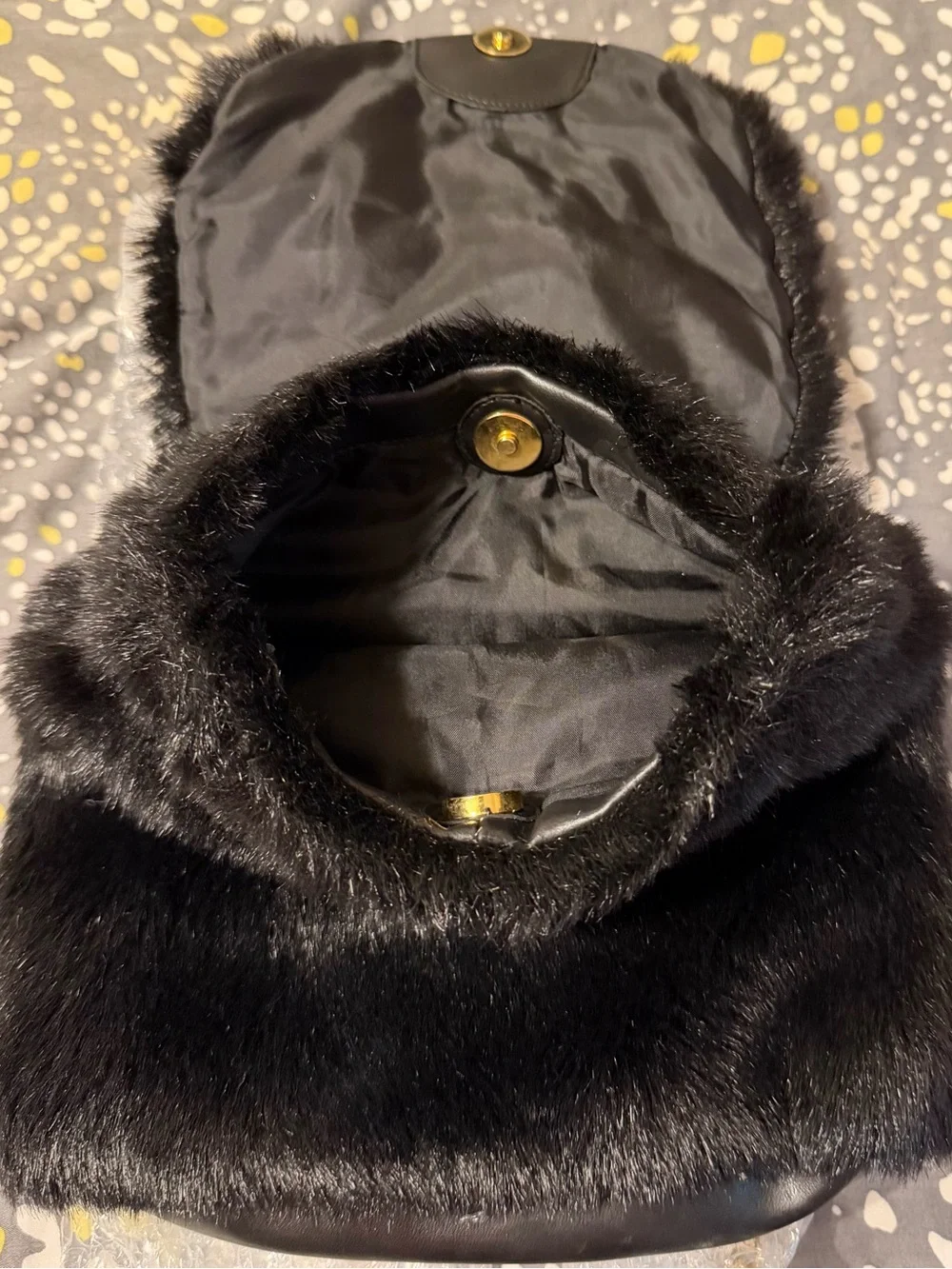 Hello Kitty Black Faux Fur Shoulder Bag with Gold Bow Accent